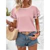 Women Elegant Ruffled Sleeve Color Block Loose Round Neck Short Sleeve Top