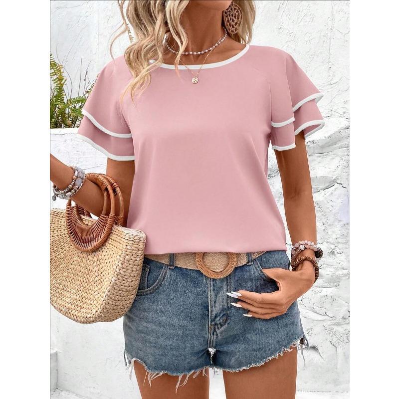 Women Elegant Ruffled Sleeve Color Block Loose Round Neck Short Sleeve Top