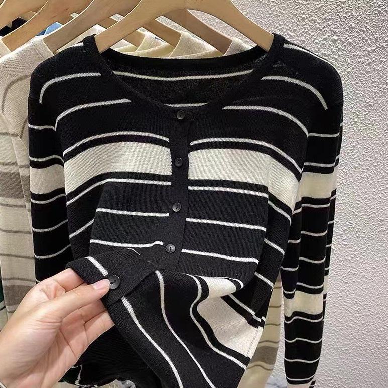 Women's Korean Striped Knit Cardigan - Loose, Thin, Long Sleeve, Round Neck, Spring/Autumn Fashion