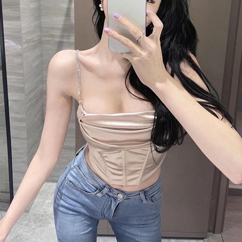 Women's Tops Sexy Hot Satin Undershirt Solid Color Slim Tops Sweet Cool Chain Undershirt