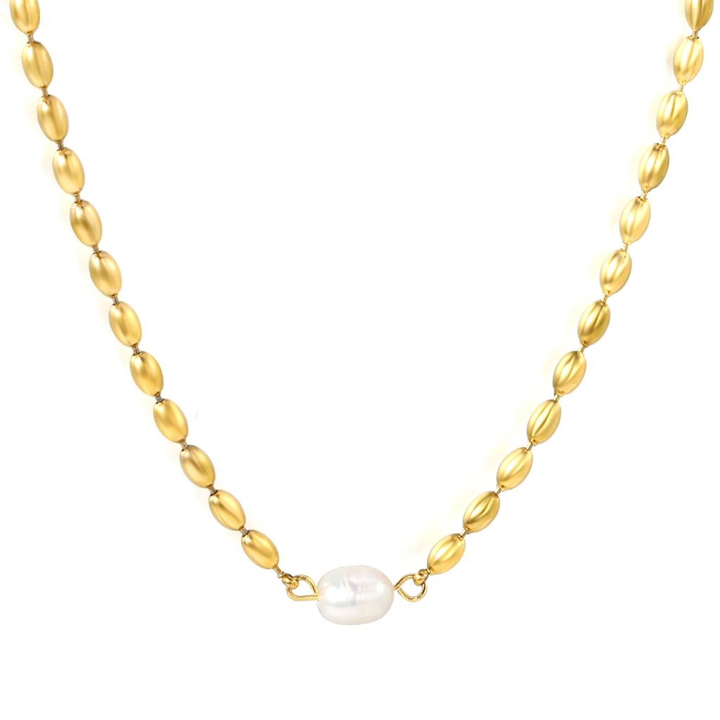 Unique and niche stainless steel bead chain necklace with oval white pearl pendant, elegant accessory for girls, sweet gift