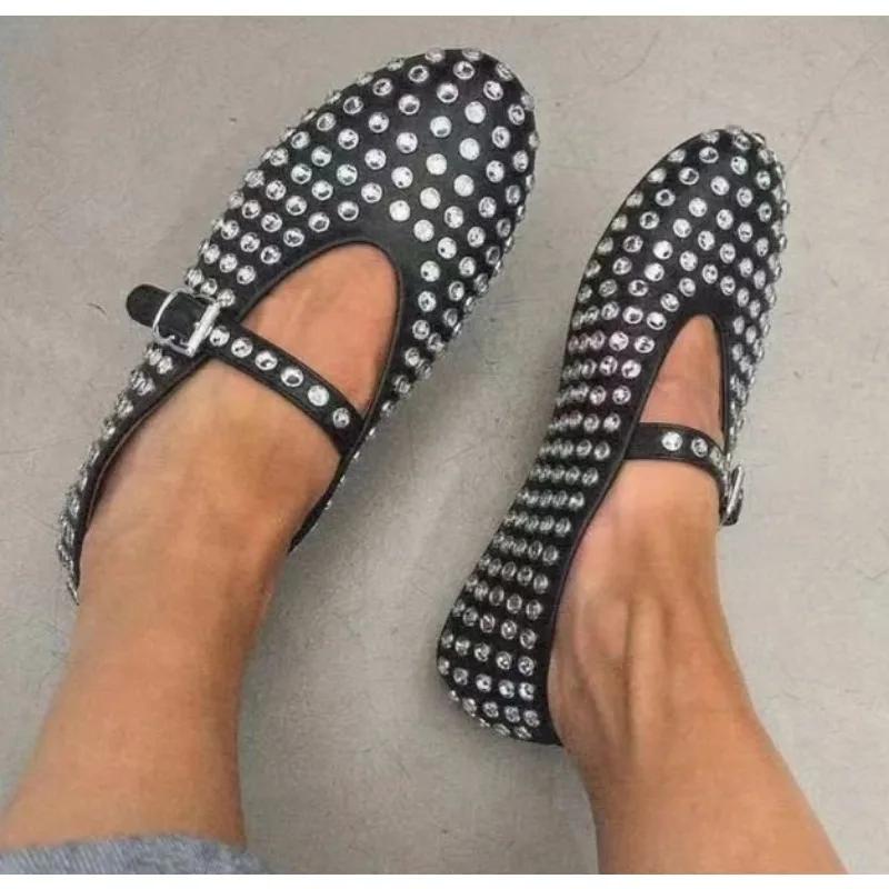 Luxury Crystal Rhinestone Fishnet Ballet Flats Woman Brand Design Rivet Studs Mesh Mary Jane Shoes Ladies Summer Cut Out Loafers