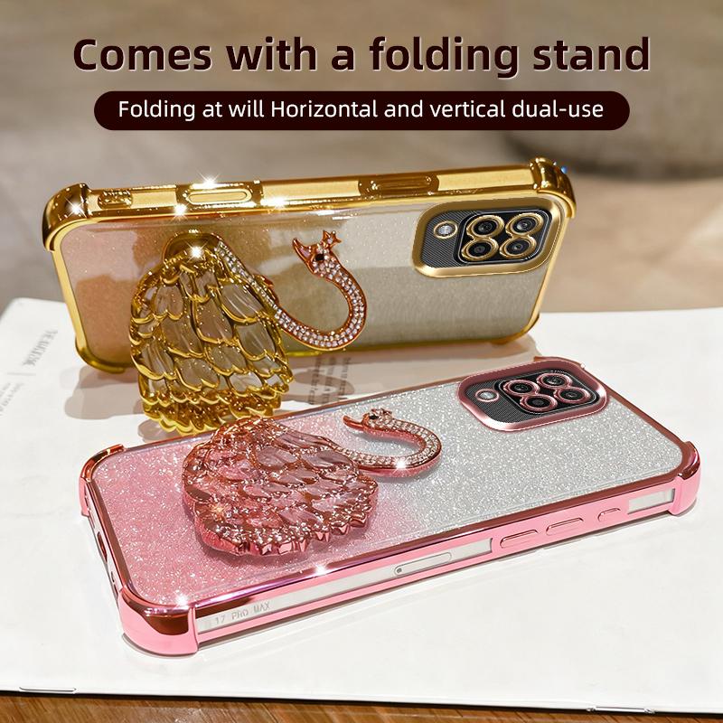 KEYSION Shockproof Plating Phone Case for Samsung A12 A22 4G Clear Soft TPU Glitter Jewelled Swan kickstand Back Cover for Galaxy M12