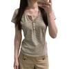 American Retro Striped Henry Collar Button Short-sleeved T-shirt Women's Summer New Slim-fit Pure Desire Versatile Top