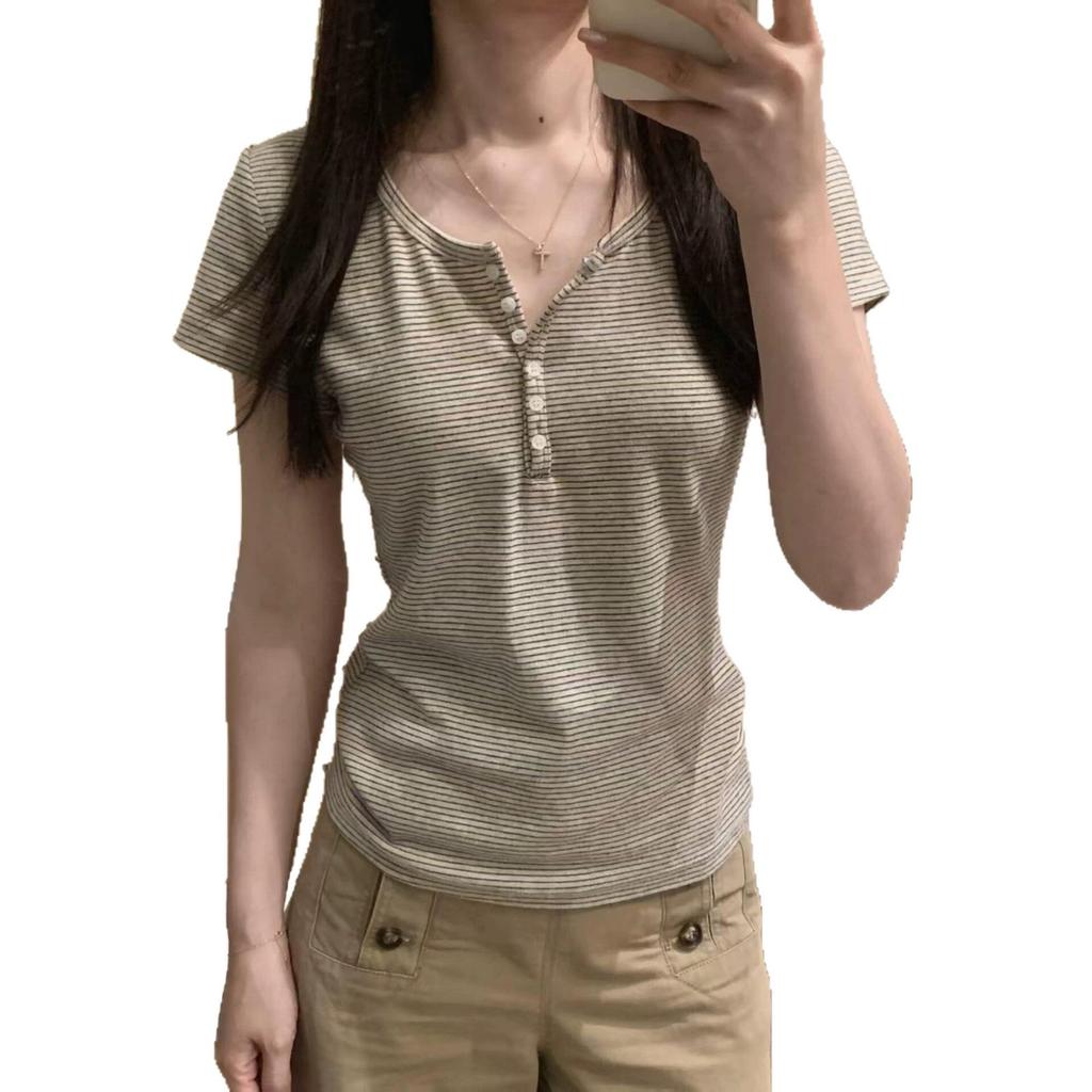 American Retro Striped Henry Collar Button Short-sleeved T-shirt Women's Summer New Slim-fit Pure Desire Versatile Top