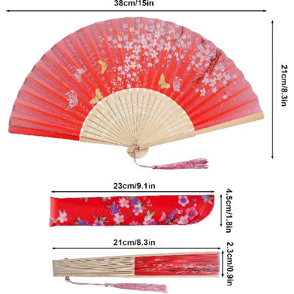 Handheld Folding Fans Floral Hand Held Fans Silk Bamboo Fans with Tassel Chinese Japanese Hand Foldable Fan with Fabric Sleeve for Dancing Wedding