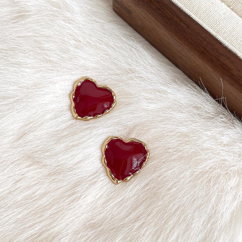 French Vintage Red Geometric Earrings: Retro Style, High-End Luxury Drip Glaze, Unique Niche Design