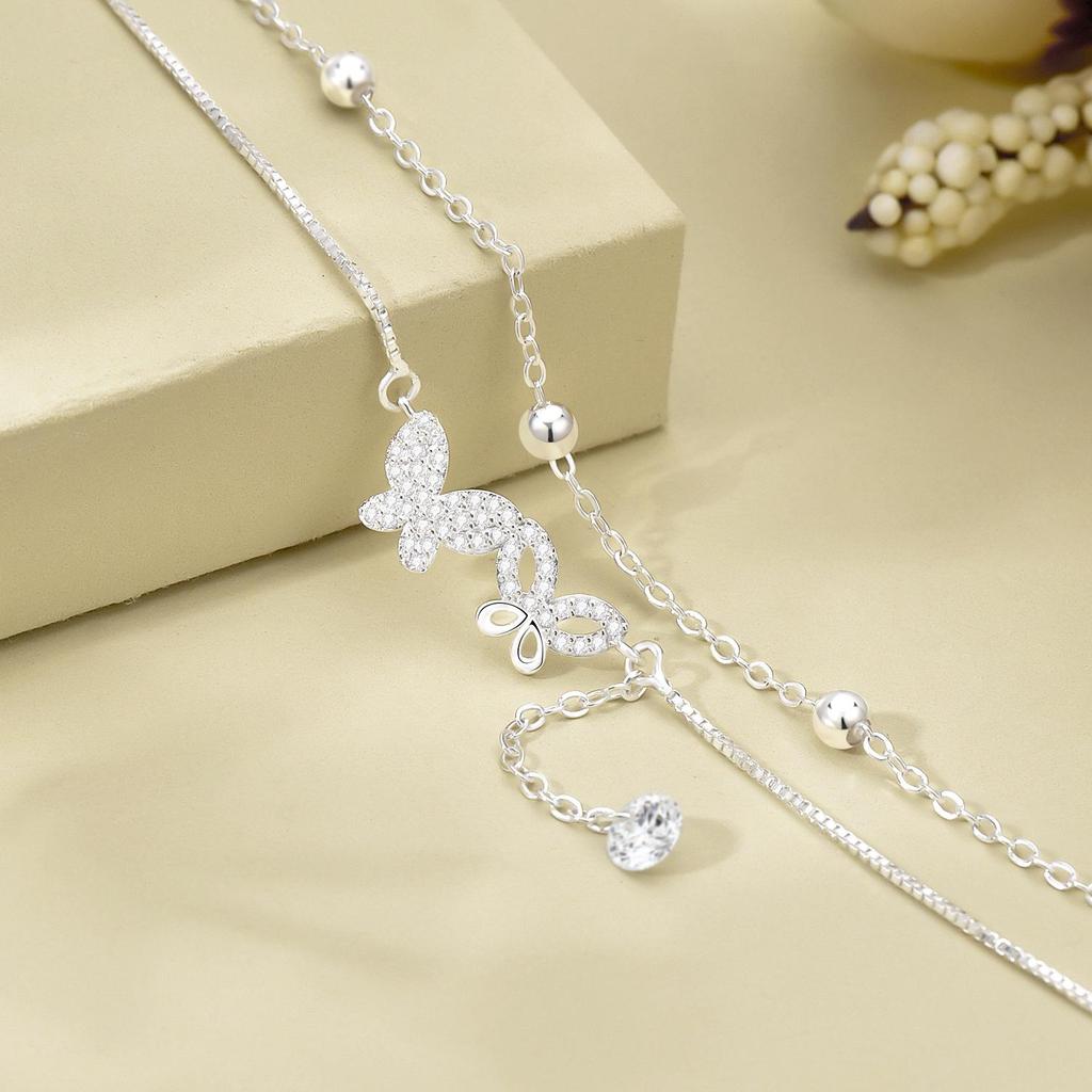Korean Fashion Double Layer Butterfly Tassel Anklet - Versatile 925 Silver Women's Style
