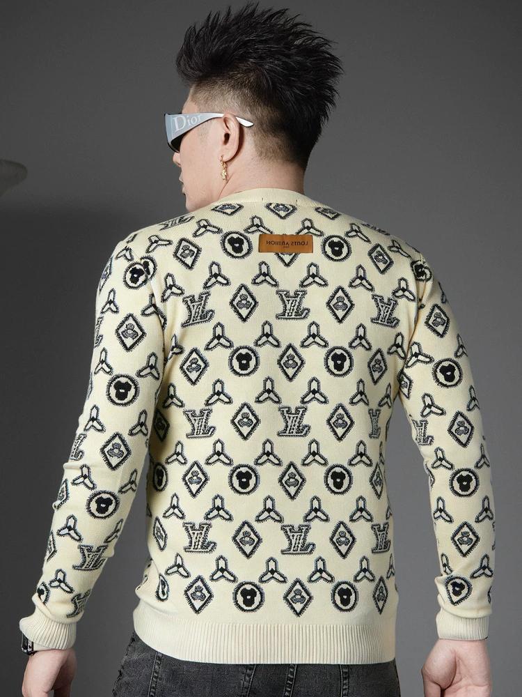European Style Trendy Floral Long-Sleeve Knit Sweater for Men, 2025 Autumn and Winter New Round-Neck Sweater, Inner Layer Base Shirt