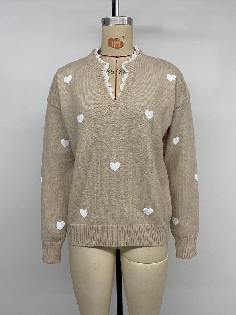 Women's V-Neck Heart Pattern Sweater - New for Autumn/Winter 2026, Casual Patchwork Long Sleeve Knit Top