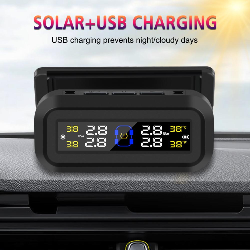 Car TPMS 4 Sensors Digital LCD Display Tire Pressure Monitoring System Solar USB Powered Tyre Temperature Monitor Auto Security Alarm