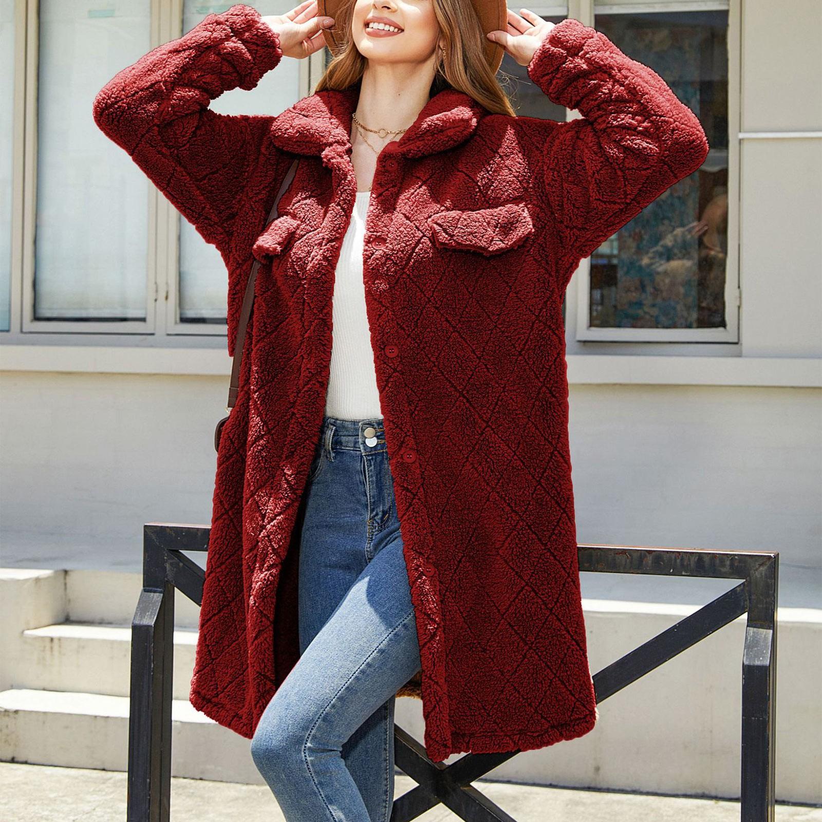 

Женское плюшевое свободное однобортное пальто с ромбами XL красный