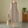 Stand Collar Linen Shirt Front Full Button Loose Flowy A Line Dress Breathable Minimalist Casual Summer Daily Elegant Oversized Mid Length Sundress