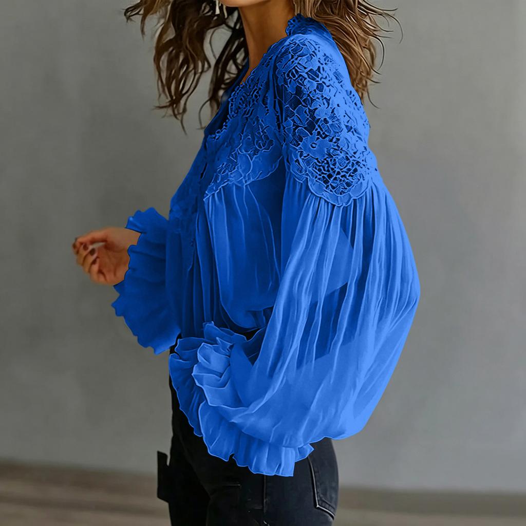 Damen Casual Bluse mit Spitzenbesatz, Puffärmeln und Falten für den Alltag