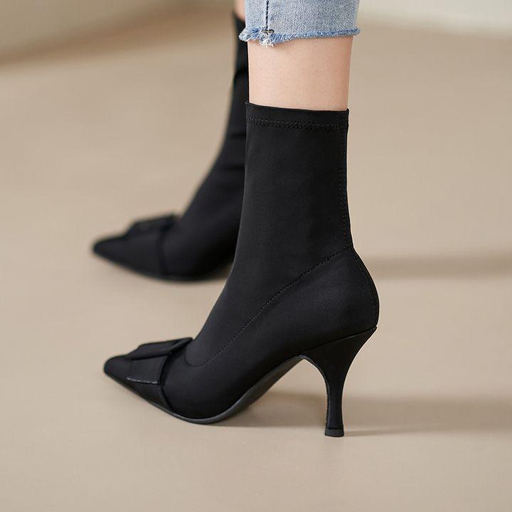 European Station High Heel Boots Autumn and Winter New Elastic Cloth Small Heel Short Boots Sleeve Pointed British Style Fine Heel Naked Boots Women
