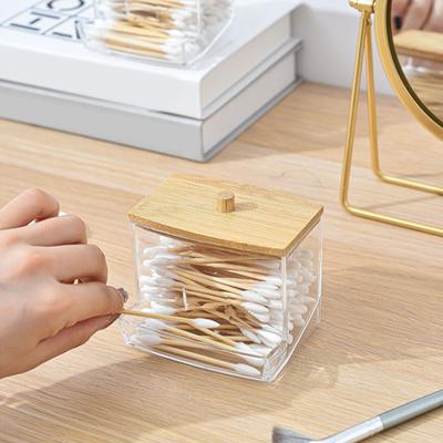 Aufbewahrungsbox mit Bambusdeckel Staubdicht Feuchtigkeitsbeständig Klarer Acrylbehälter Wattestäbchen Zahnseide Schmuckorganizer