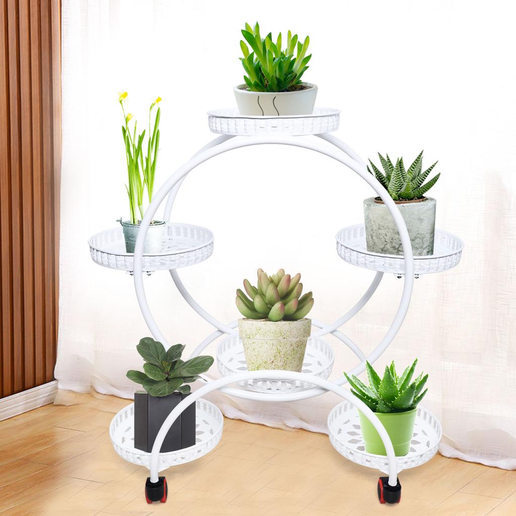 Stylish White Iron 6-Tier Plant Stand with Wheels, for Indoor Outdoor Use - Patio, Garden, Living Room, Balcony, Bedroom Decor