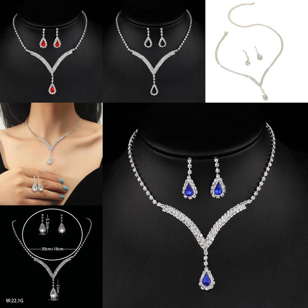 Water Drop Pendant Necklace And Earrings Set With Rhinestones For Elegant Bridal And Formal Wear