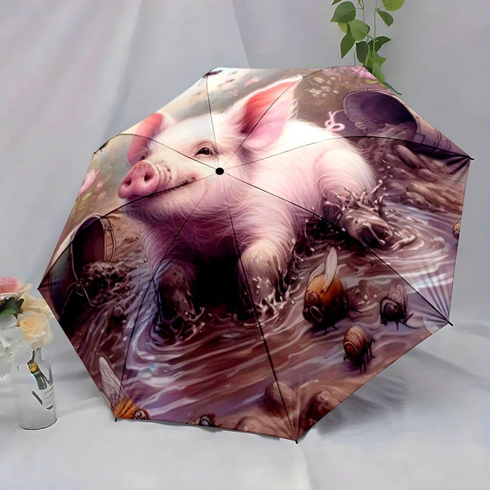 Folding Umbrella with Smiling Pig & Muddy Puddle Design - Automatic Open/Close, Compact Travel Umbrella with 8-Rib Sturdy Fram