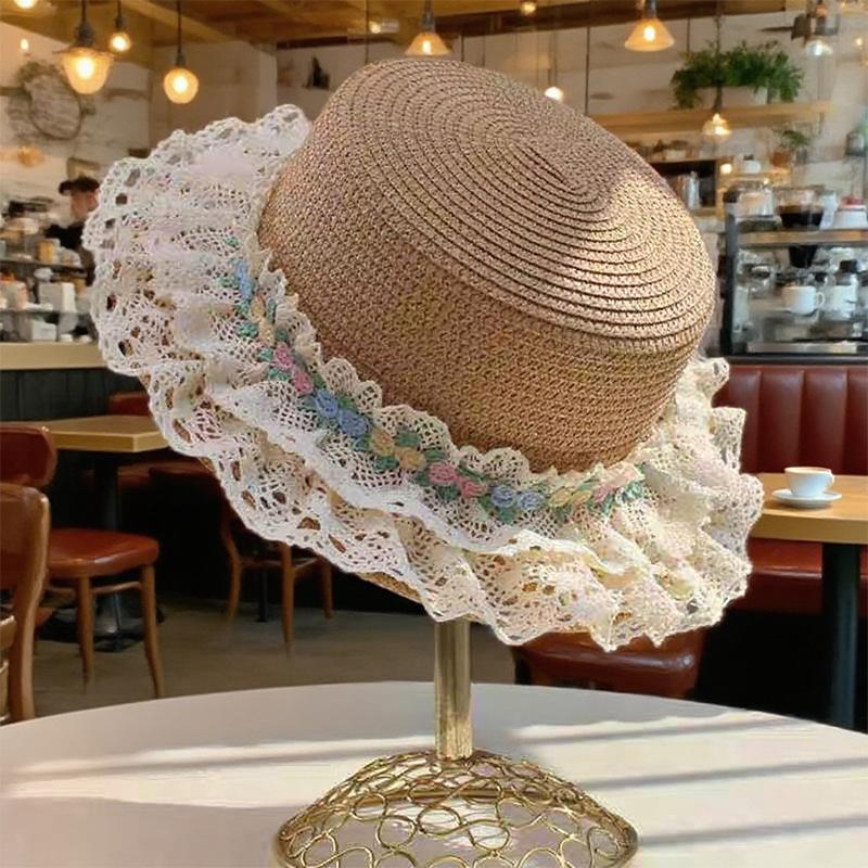 Lace Straw Hat Women's Summer Sweet Versatile Big Eaves Sunscreen Hat Outdoor Holiday Sun Hat