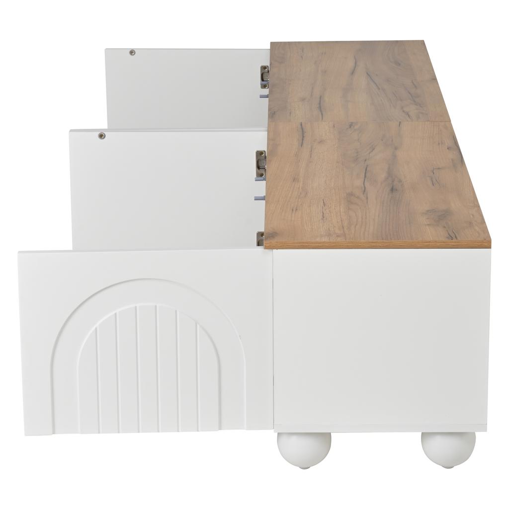180*40*45cm TV Cabinet with 4 Cabinets, TV Cabinet with 6 Ball-Foot Metal Legs, Suitable for TVs around 80 Inches, Wood Color+White