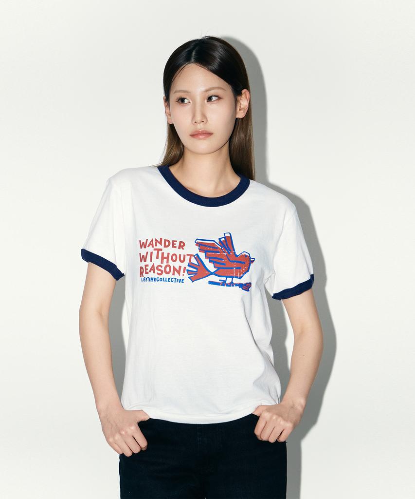 Laipeutaimkollegtibeu Ringer Bird Short Sleeve T-Shirt White Navy