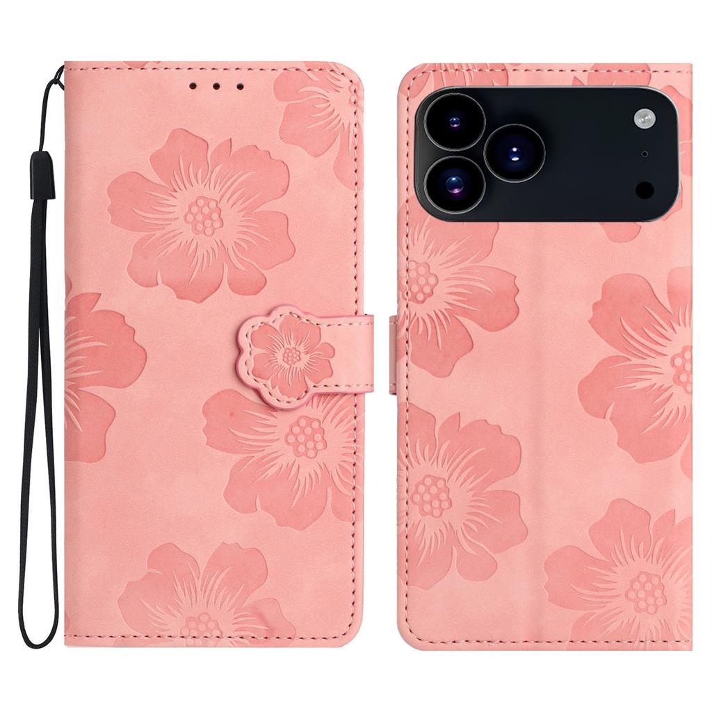 For iPhone 17 Pro Max Case Flower Design Leather Wallet Phone Cover with Wrist Strap