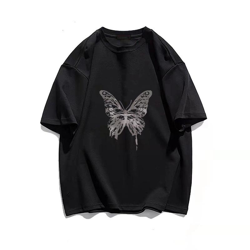 

Pure cotton butterfly printing design short-sleeved T-shirt women s spring and summer American retro loose large size grape purple top tide m (80-105 recommended) чёрный