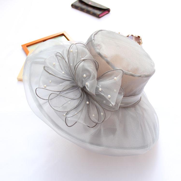 New Retro Wedding Hat Pearl Mesh Flower Top Hat Double Organza Sunshade Big Eaves Hat Sun Hat Women