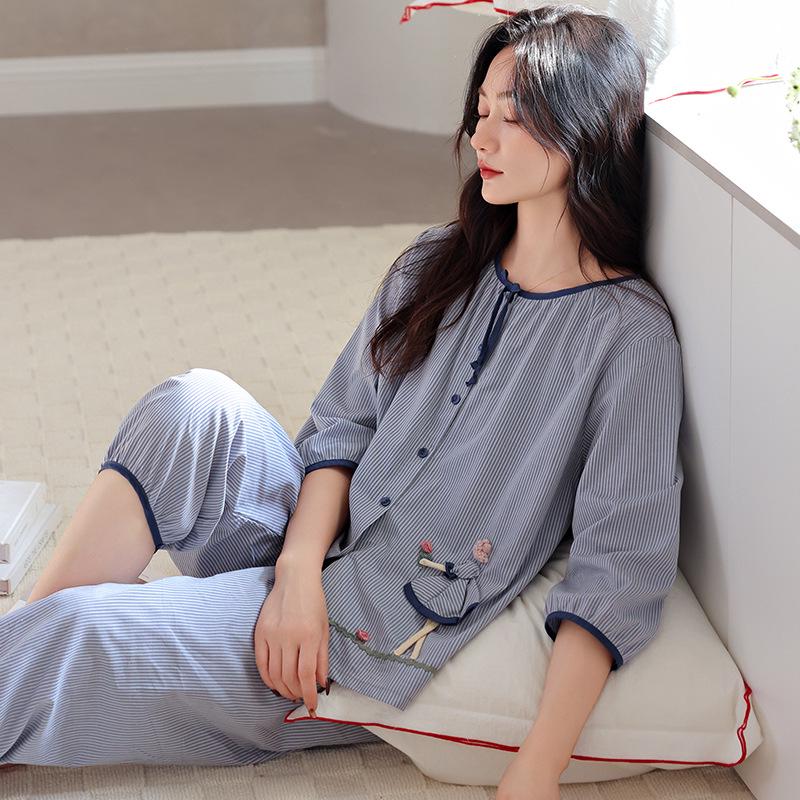 Women's Three-Quarter Sleeve Cotton Gauze Pajamas, Spring/Autumn 2025 Collection, Pure Cotton Home Wear 