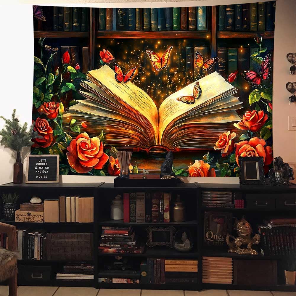 Butterfly Bookshelf Tapestry Flower Tapestries Magic Book and Red Roses Reading Concept Library Reading Room Bedroom Decoration