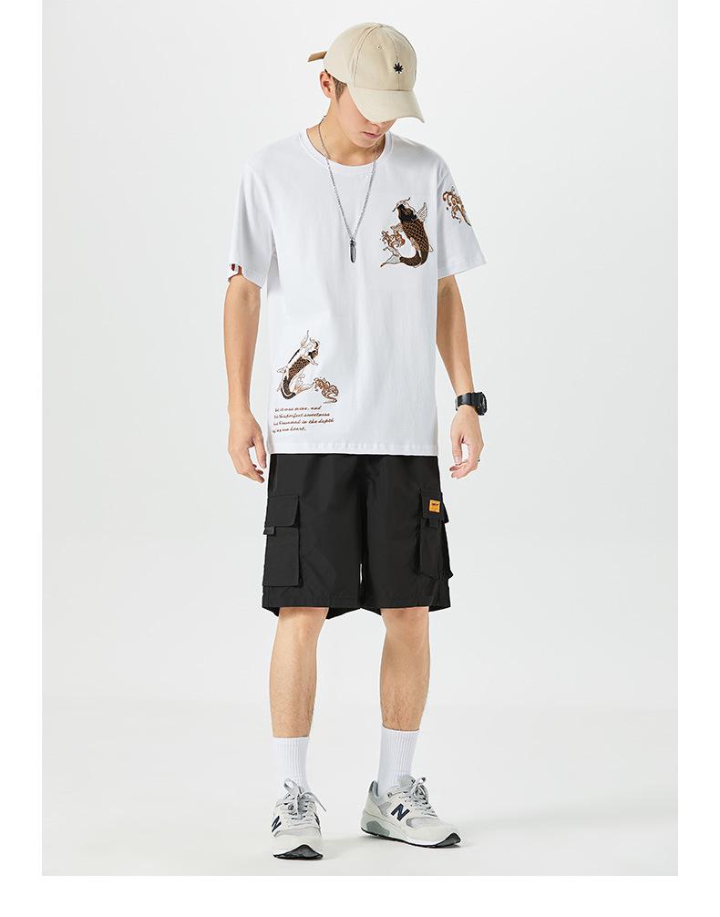 Pánské etnické bavlněné tričko s výšivkou kapra, krátký rukáv, volný střih, nadměrná velikost, styl národní vlny