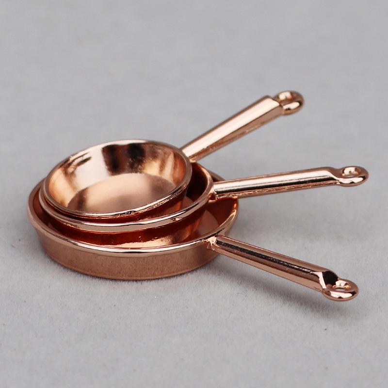 1:12 Miniature Dollhouse Kitchen Utensils: 3-Piece Alloy Frying Pan Set