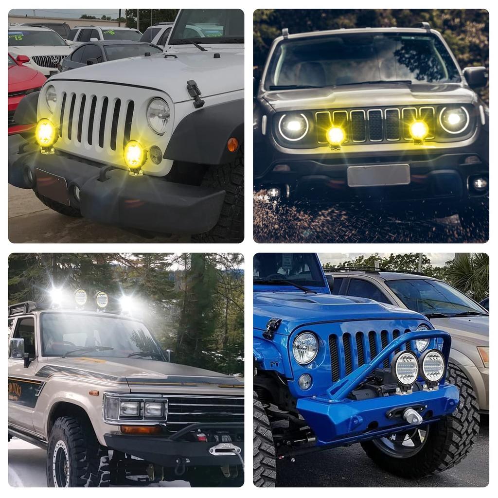 72W LED Work with Yellow Halo Ring Light, 4.5-inch Round, Wide/Narrow Angle, White, 6500K, 12V-80V Compatible, Waterproof, Universal,