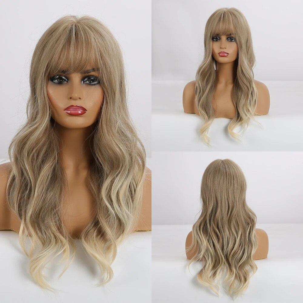 EASIHAIR Dlouhé vlnité blond Ombre paruky s ofinou Tepelně odolné syntetické paruky pro ženy Hnědé kořenové přírodní paruky Cosplay vlasy
