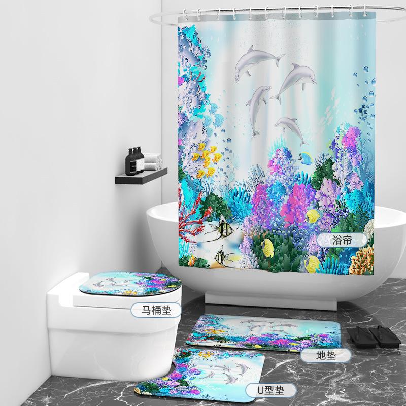 Underwater World 3D Digital Printing Shower Curtain Four-Piece Shower Curtain Bathroom Curtain Floormat40x60cm