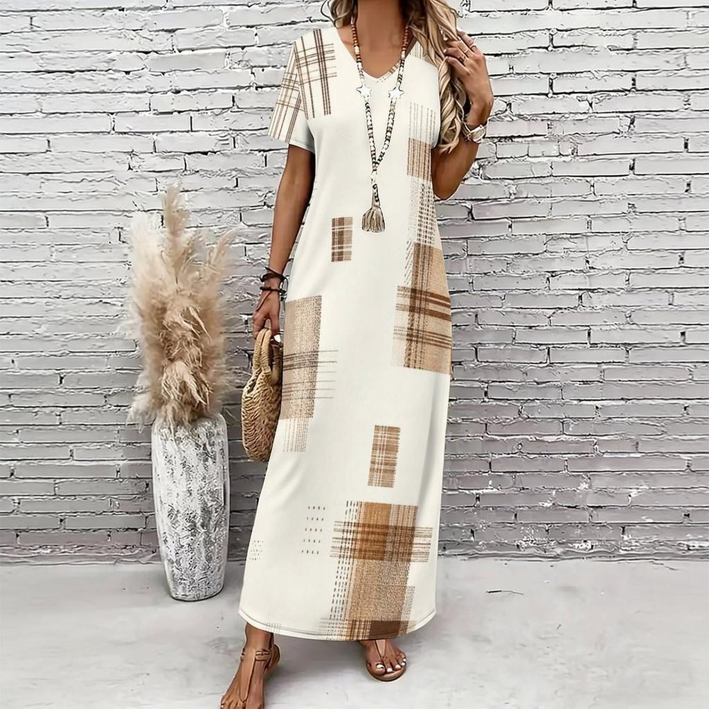 Women Plus Size V Neck Short Sleeve Beige Brown Printed Straight Maxi Dress