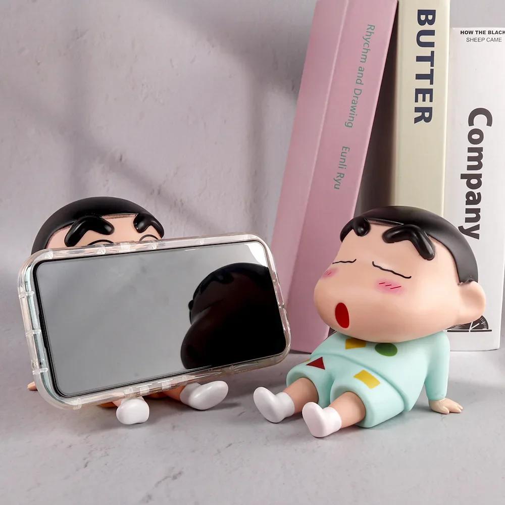 Crayon Shin-Chan Anime Figure Phone Holder Kawaii Desktop Ornaments Phone Support Mini GK Collection Ornament Toys Kids Presents
