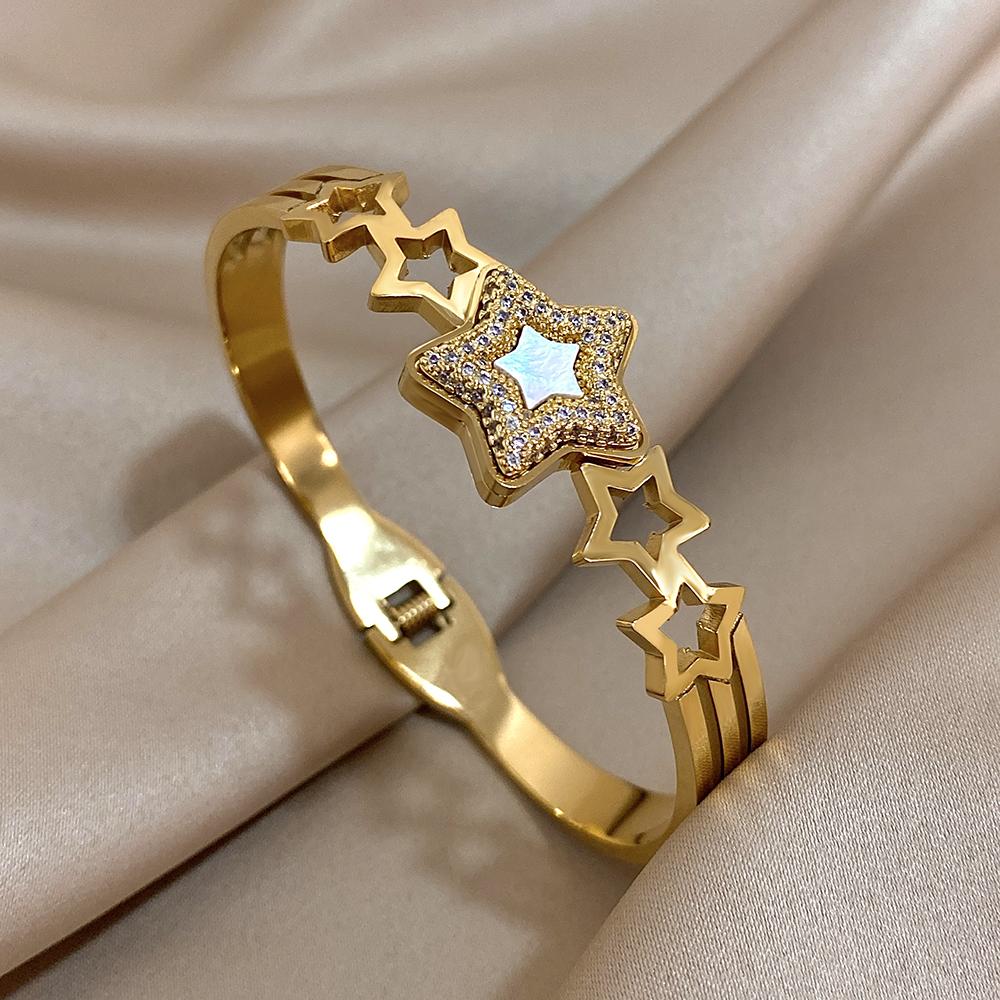 Stainless Steel Bangle Bracelet Inlay Luxury Rhinestones Gorgeous Synthetic Zirconia Geometric Oval Square Stars Shape for Women