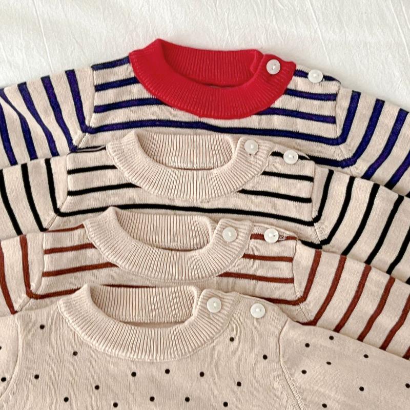 Maglioni per neonati per ragazzo e ragazza, maglione in cotone neonato con scollo tondo a righe e fondo a pois