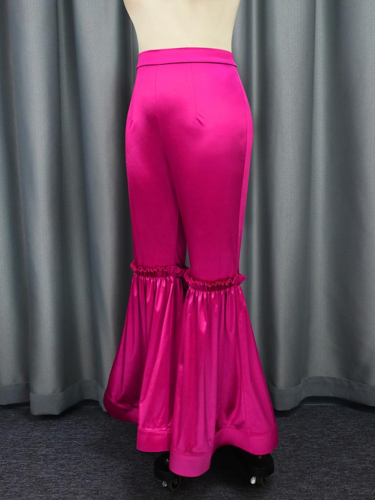 AOMEI Fuchsia Flare Pants for Women Shiny Elastic Satin Back Zipper High Waist Bell Bottoms Dressy Trousers Trendy Capris