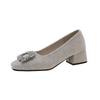 Block Heel Single Shoes Women's Square Toe Suede Crystal Buckle Anti-slip Wear-resistant Kitten Heels