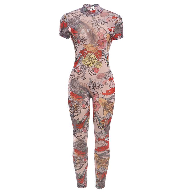 2024 Summer European & American-Style Women's Sexy Backless Mesh Jumpsuit with Fashion Print