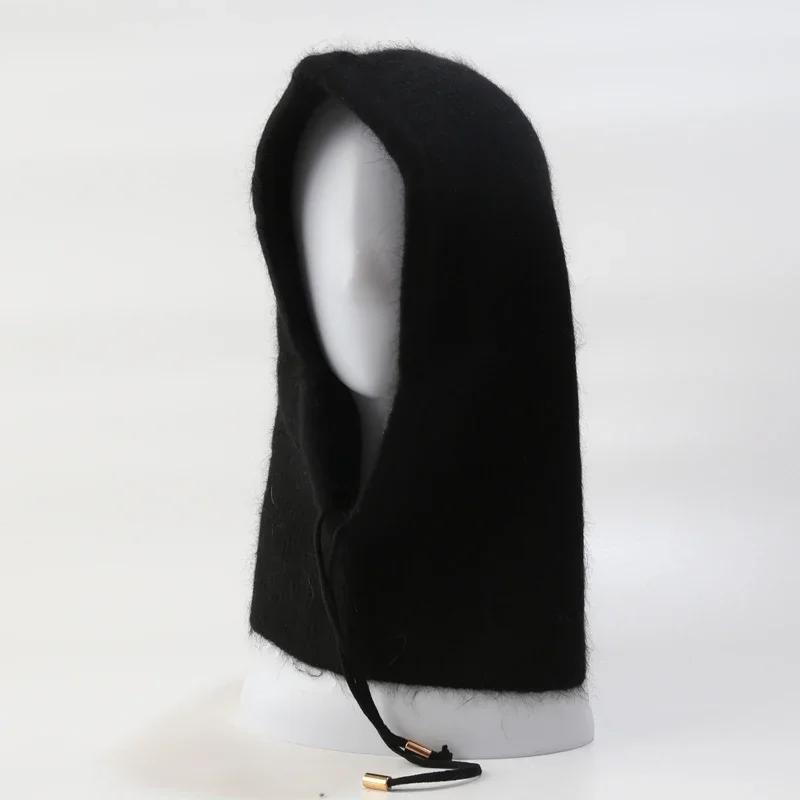 Rabbit Fur Knitted Scarf Hood Hat Women Beanies Warm Winter Unisex  Balaclava Skiing Outdoor Bonnet Thick Earflap Hat