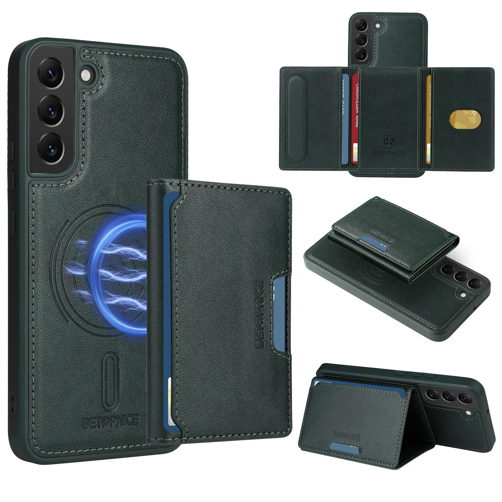 

For Samsung Galaxy S22+ 5G Magnetic Case BETOPNICE Leather Phone Cover Kickstand with Detachable Card Bag Green