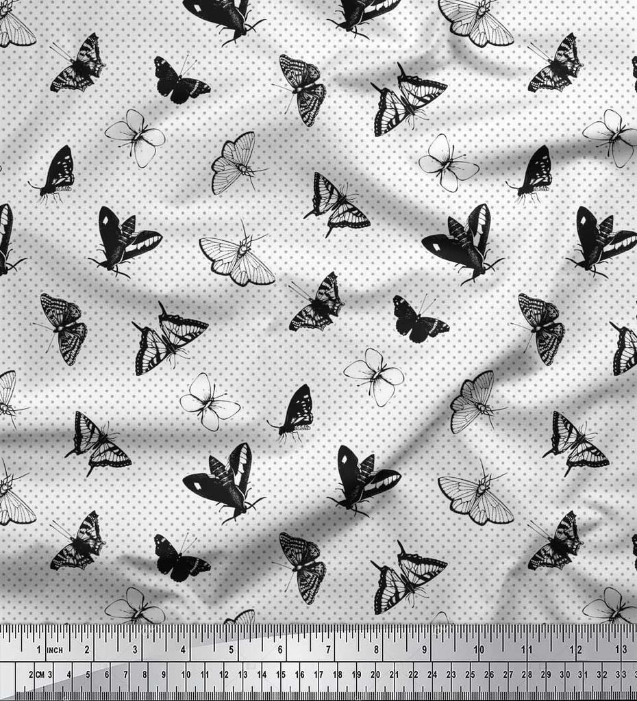 Soimoi Black Japan Crepe Satin Fabric Dot & Butterfly Print Fabric by Metre 42 Inch