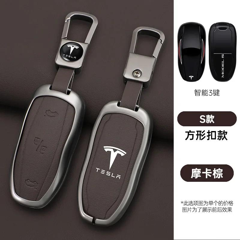 Car Sticker Tesla Zinc Alloy Leather Car Fob Smart Remote Key Case Cover Holder For Tesla Model 3 Model S Model Y Protector Keyc