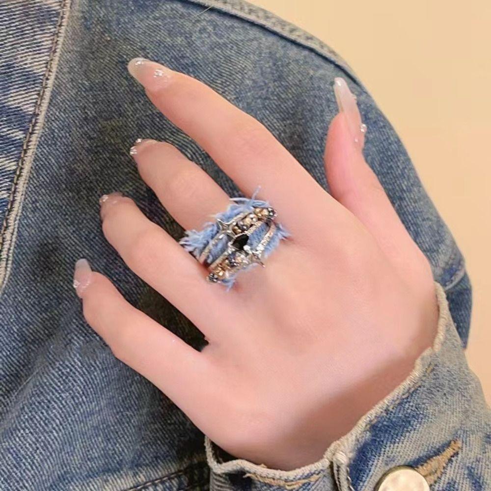 Three Layer Y2K Opening Rings Heart Metal Beaded Rings Fashion Denim Rings  Women