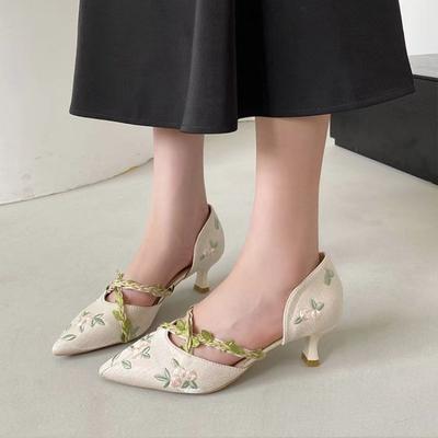 Fashion Women Heeled Sandals Pointed Toe Embroidery Shoes Woman Loafers 2025 Trend Elegant Shallow Pumps Summer Dress Sandalias De Mujer