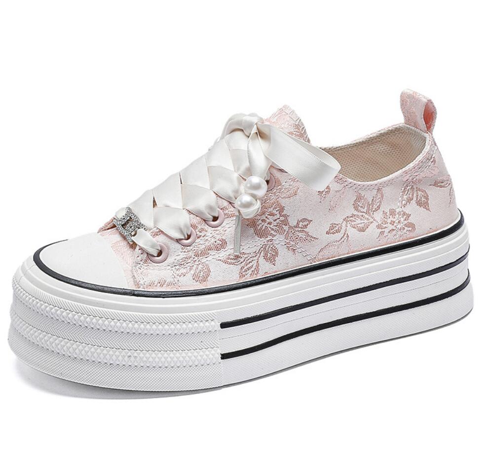 

Модные женские туфли на платформе из парусины, увеличивающие объем кроссовки для девочек, уличные кроссовки, женские универсальные эспадрильи на толстой подошве 35 розовый